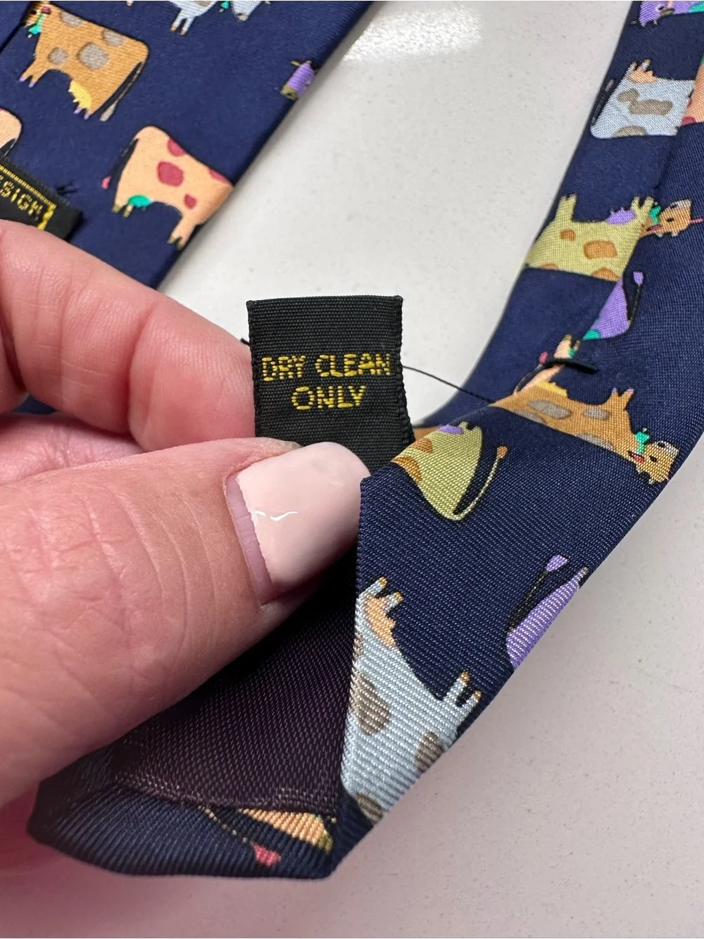 Cow Print Tie Navy Silk with colorful COWS in cartoon motif